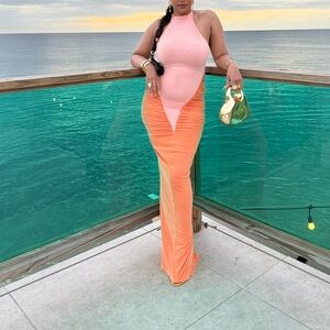 Elegant Peach Halter Maxi Dress